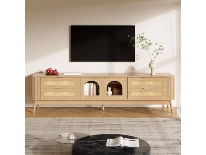 Fiednoy TV-Schrank 180cm Mit 4 Schubladen – Lowboard Für 75 Zoll Fernseher Glas-Türen, Massivholzbeine, 50kg Tragfähigkeit, TV Board für Wohnzimmer