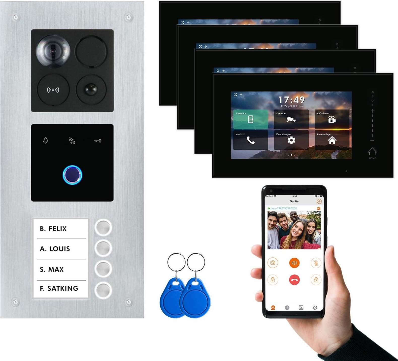 BALTER ERA IP Unterputz Silber 4x7" Schwarz mit Fingerprint Video Türsprechanlage Set 4 Teilnehmer
