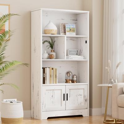 Garvee Modern White 3-Tier Bookcase w/ Doors & LED Lights