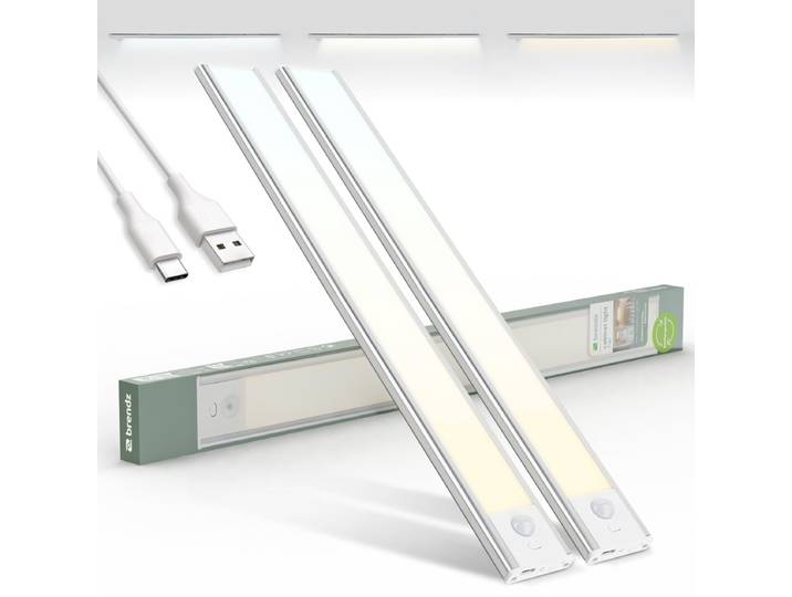 Brendz LED Kastverlichting met bewegingssensor\, 2 x 40 cm\, USB-C Oplaadbaar\, Dimbaar\, Magnetisch\, 3 Kleurtemperaturen\, Draadloos\, Kastverlichting op Batterij\, Zilver