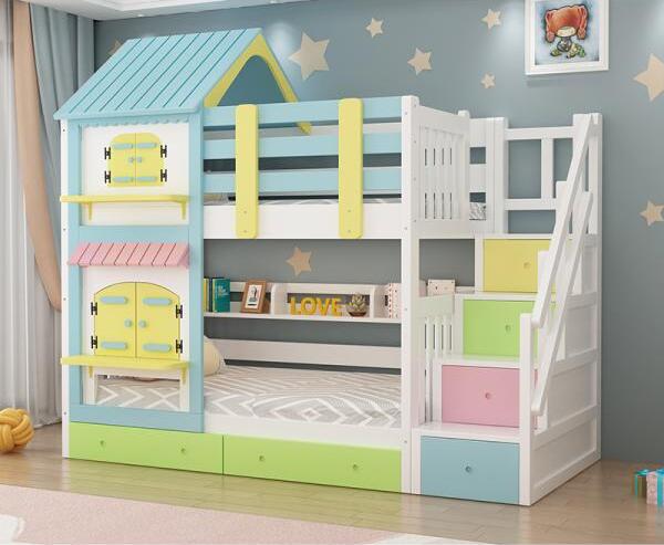 360Home Buntes Kinder Etagenbett mit Rutsche Spielbett Children bunk bed 1500x2000mm Stufen mit Stauraum Farbe
