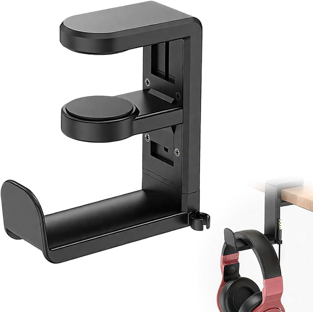 Zwarte organizer hoofdtelefoonhouder voor gaming accessoires op je bureau