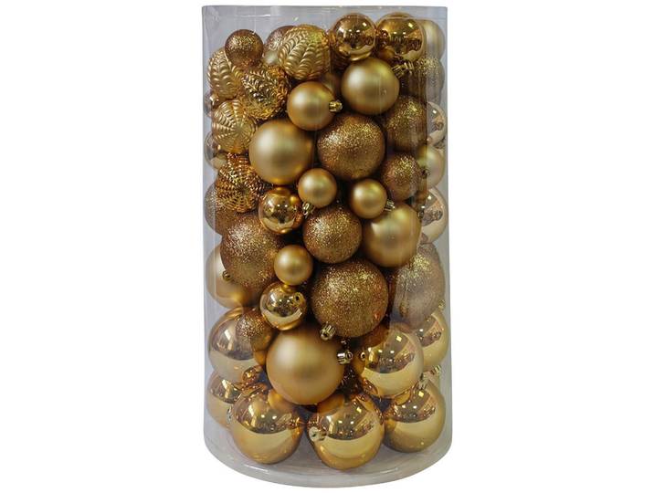 X-Mas Christbaumkugel-Set Baubles, Goldfarben, Kunststoff, 100-teilig, Uni, 4 cm Schubladen, Dekoration, Weihnachtsdekoration, Christbaumschmuck, Christbaumkugeln