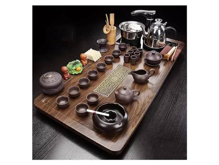 JFNGGHEB Chinesisches Kung Fu Tee-Set, Automatische Teekanne for zu Hause, Gongfu Tee-Set, Teezeremonie, Teetasse, Elektroherd, Teetisch, Teetablett aus Massivholz, Keramik-Tee-Set(Style-4)