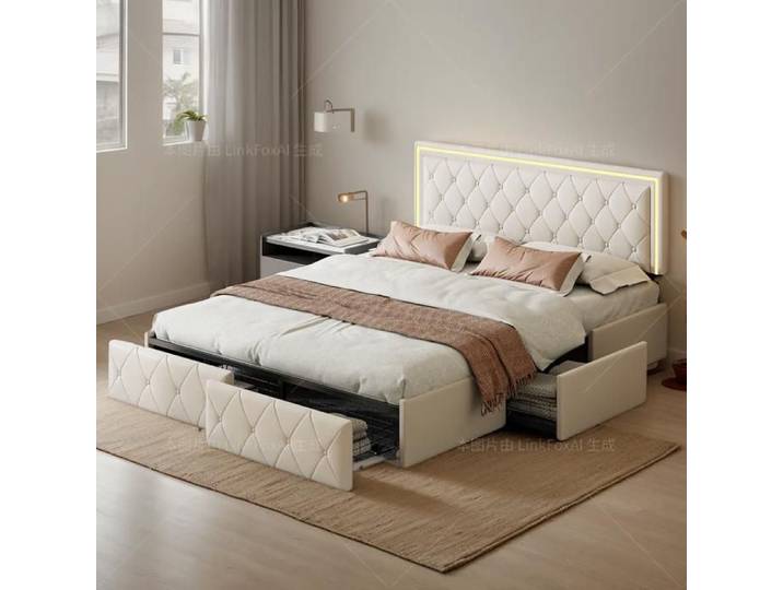 Lit coffre 160x200 cm avec tiroirs lit 2 Personnes moderne avec 4 tiroirs cadre de lit avec sommier à lattes lit adulte beige