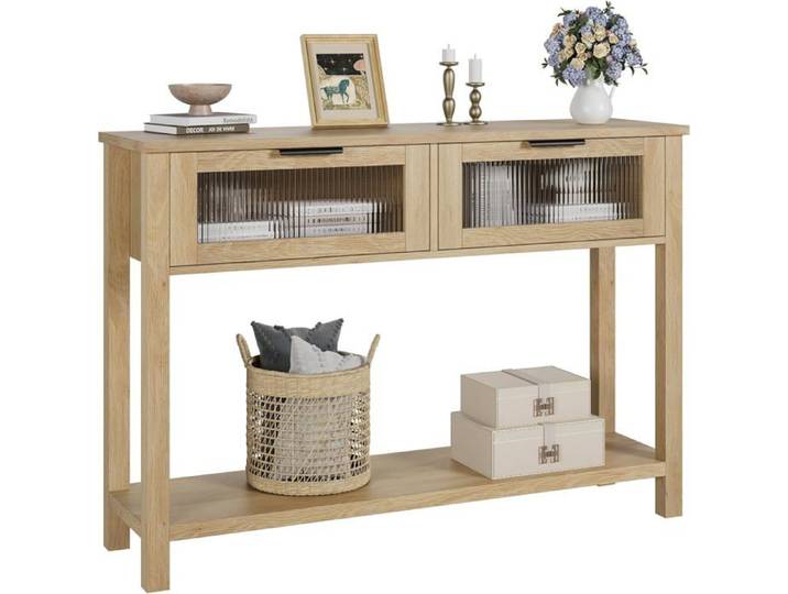 Console en Bois à Deux Niveaux avec Deux Tiroirs en Verre Et Espace De Rangement Burlywood