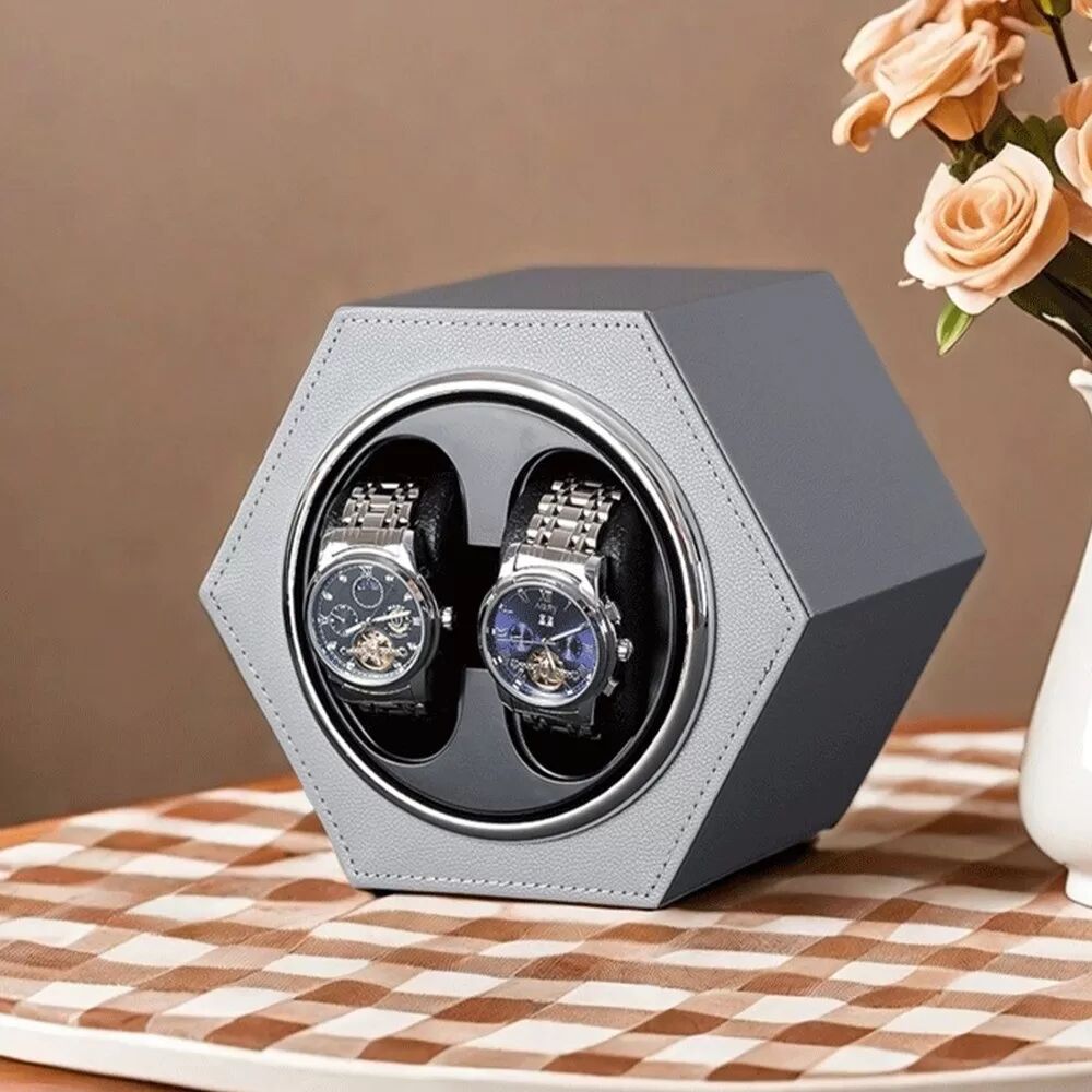 INF Hexagonale Uhrenbeweger-Box für 2 Uhren mit USB-C-Stromversorgung Grau
