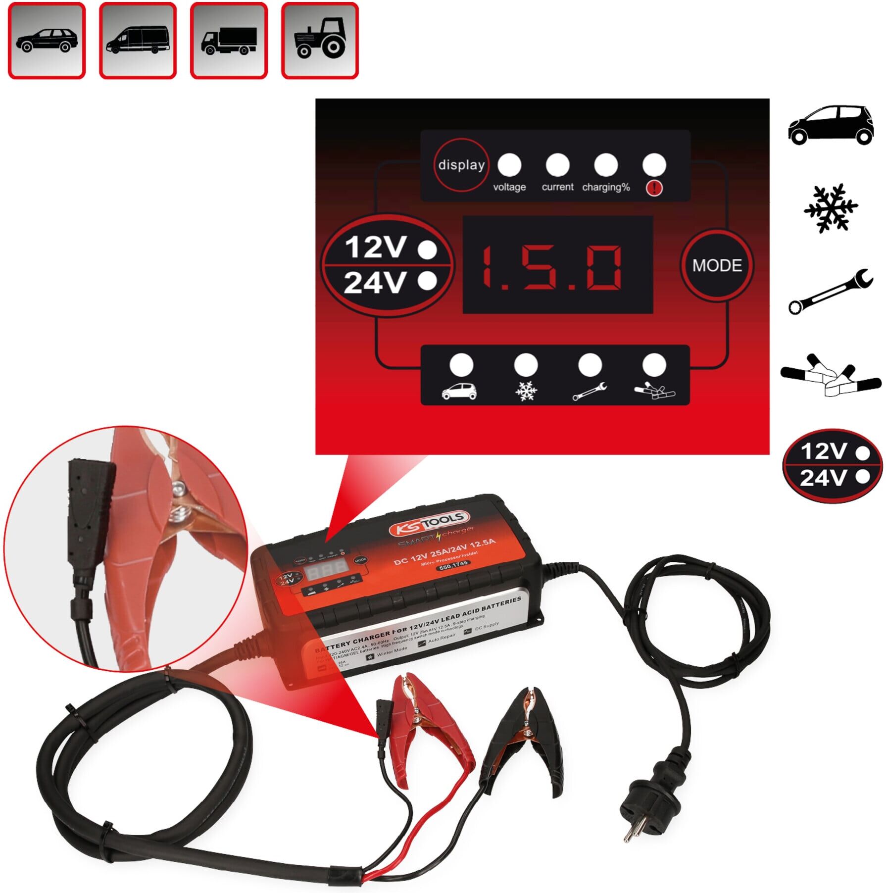 KS Tools 12V + 24V SMARTcharger Hochfrequenz-Batterieladegerät 25A/12,5A (550.1745)