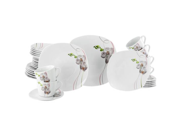 Creatable Kombiservice Square Orchidee, Mehrfarbig, Keramik, 30-teilig, Blume, 200 ml,200 ml, lebensmittelecht, stapelbar, Essen & Trinken, Geschirr, Geschirr-Sets, Kombiservice
