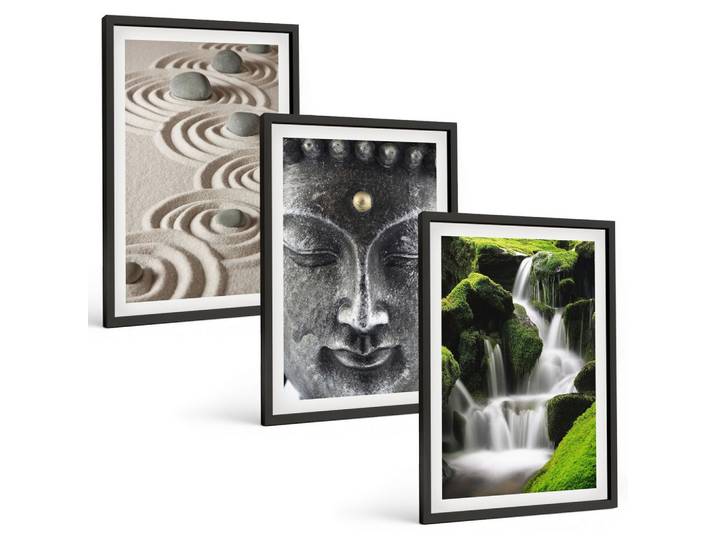 BILDER SET 3er Set - 40x60 cm Schwarzer Rahmen - Der Frieden der Steine des Buda Zen-Wasserfalls