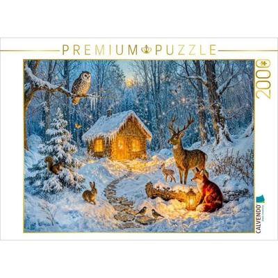 CALVENDO Puzzle Winter Cottage im Wald mit Eule, Hase, Hirsch, Fuchs | 2000 Teile Lege-Größe 90x67cm Foto-Puzzle für glückliche Stunden