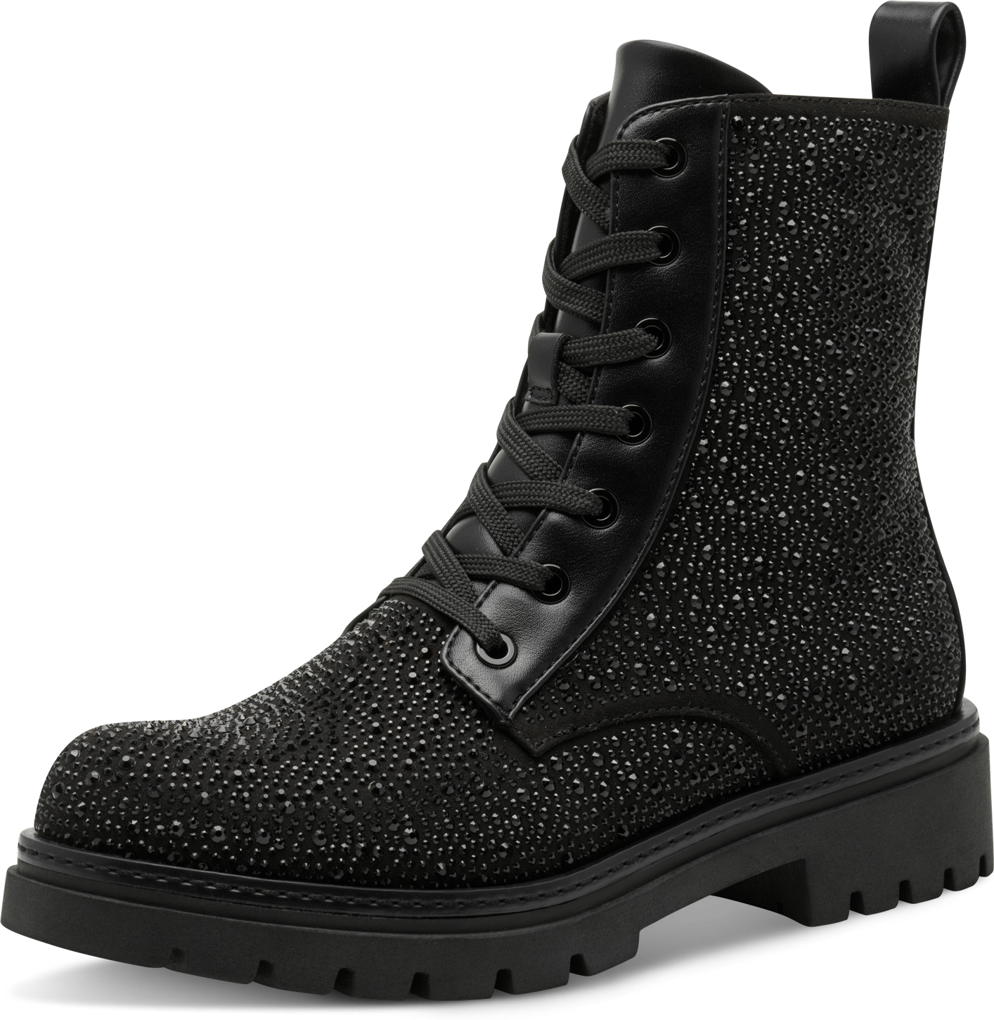 Schnürstiefelette MARCO TOZZI, Damen, Gr. 39, Textil, schwarz, Synthetik, Textil, Glitzer, Schuhe Schnürstiefelette, Blockabsatz, Schnürboots mit glänzenden Strasssteinen besetzt