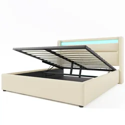 Polsterbett 160x200 mit hydraulischem Stauraum und LED-Beleuchtung – Modernes Design, hoher Komfort und pflegeleichter PU-Bezug, weiß