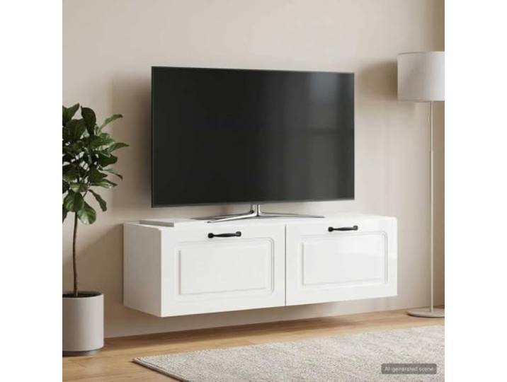 Wandmontierter TV-Schrank Hochglanz Weiß 98x31x30 cm Entertainment-Center Kabelmanagement, Mehrere Fächer, Robustes Material, Wandmontage, Moderne Optik