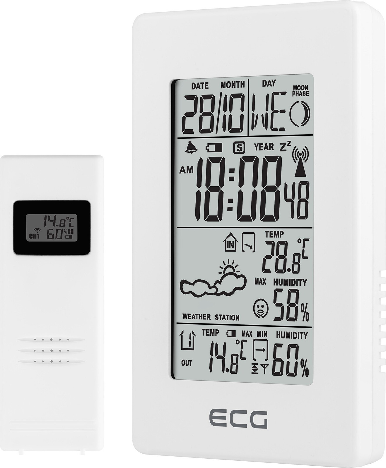 ECG MS 100 Weerstation Wit met LCD-display voor binnen- en buitentemperatuur en vochtigheid