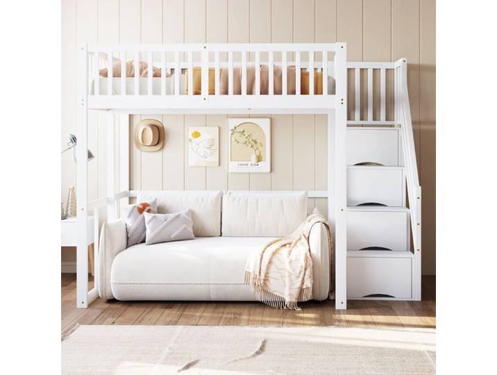 lit 140x200 lit mezzanine avec rangement bois blanc pour chambre Grjofek