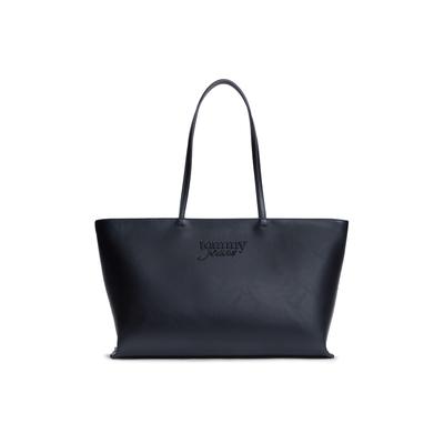 Tragetasche TOMMY JEANS "TJW MUST TOTE", Damen, Gr. B/H/T: 47cm x 25cm x 14,5cm, blau (schwarz), Lederimitat, unifarben, Taschen, Damen Handtasche, Shopper mit Logoschriftzug
