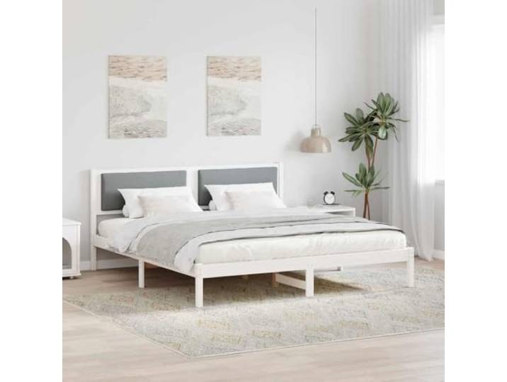 Emmtore Bettrahmen Massives Kiefernholz, Rechteckiges Design,mit Kopfteil 180 x 200 cm,Weiß und Hellgrau