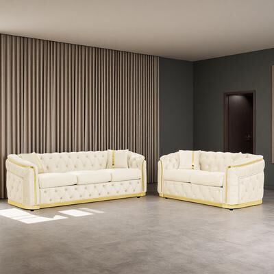 ZWYO HOSIMU Velvet Chesterfield Sofa Set with Gold Stainless Steel Decoration and Pillows (2-Piece)