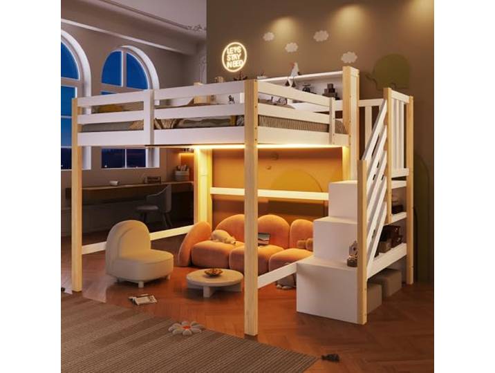 BTM Holz Hochbett 140x200 mit Stauraum und LED-Leuchten Kinderhochbett mit Rausfallschutz, Treppe Weiß+Natur