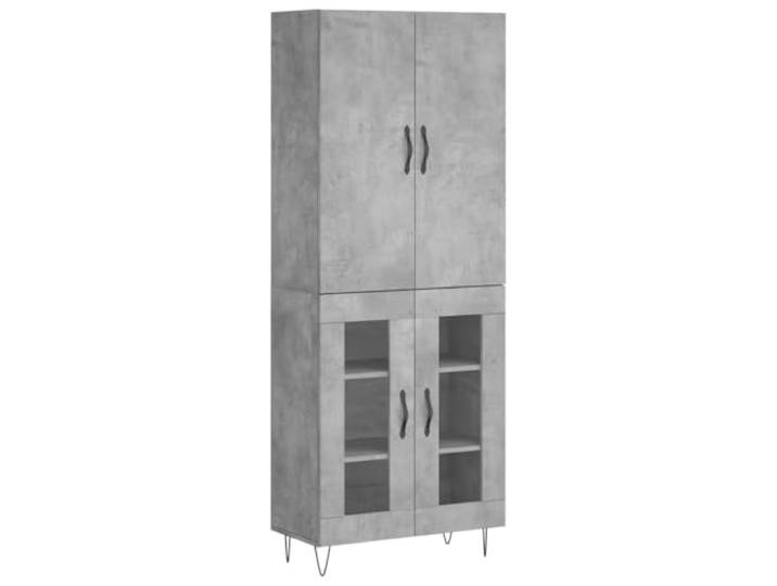 GHVBNMF Highboard Betongrau 69,5x34x180 cm Holzwerkstoff Schrank Stilvoller Vitrinenschrank mit Glaselementen und Metallfüßen für Wohnzimmer, bietet viel strukturierten Stauraum.