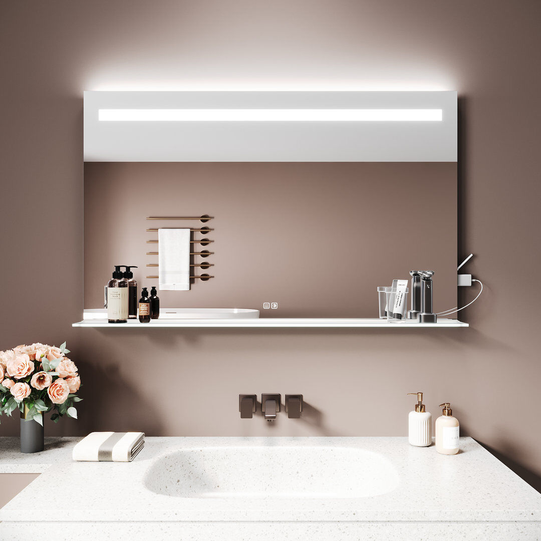Ivy Bronx Aluminium Rectangle Wall Makeup / Shaving Mirror with Shelves White 75cm x 120cm