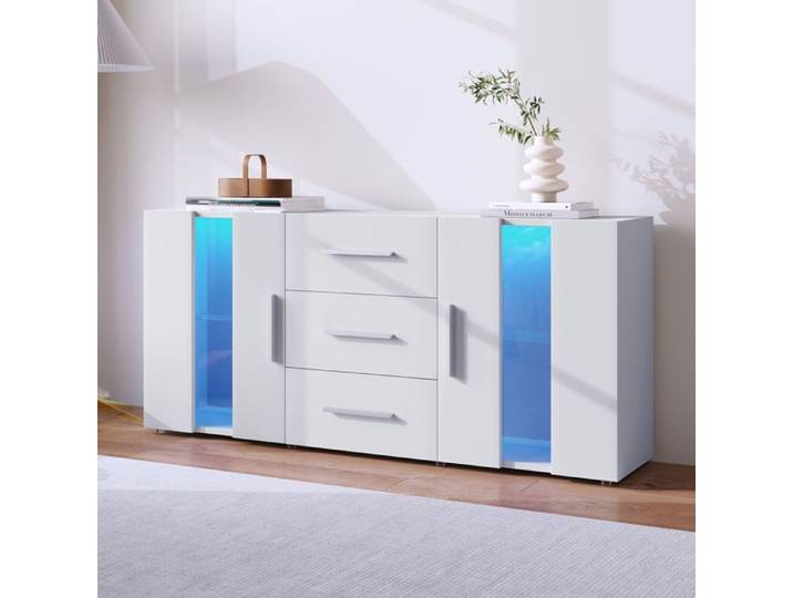 Buffet de Cuisine Armoire-140CM-Meuble de Rangement Cuisine - avec LED - Buffet Salon - 2 Portes - 3 Tiroir - Étagères Réglables