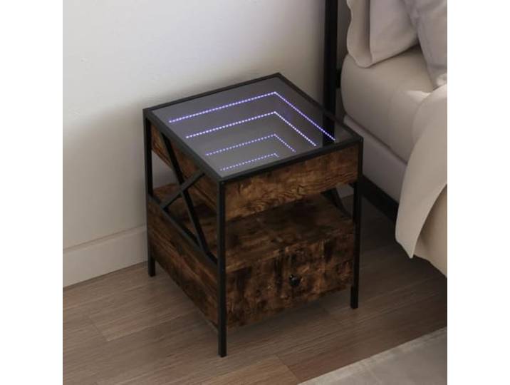 HEFZGDB Nachttisch mit Infinity-LED Beleuchtung Räuchereiche 40x40x51 cm Metallgestell RGB Beleuchtung stabile Tischplatte USB Anschluss für Wohnzimmer Schlafzimmer