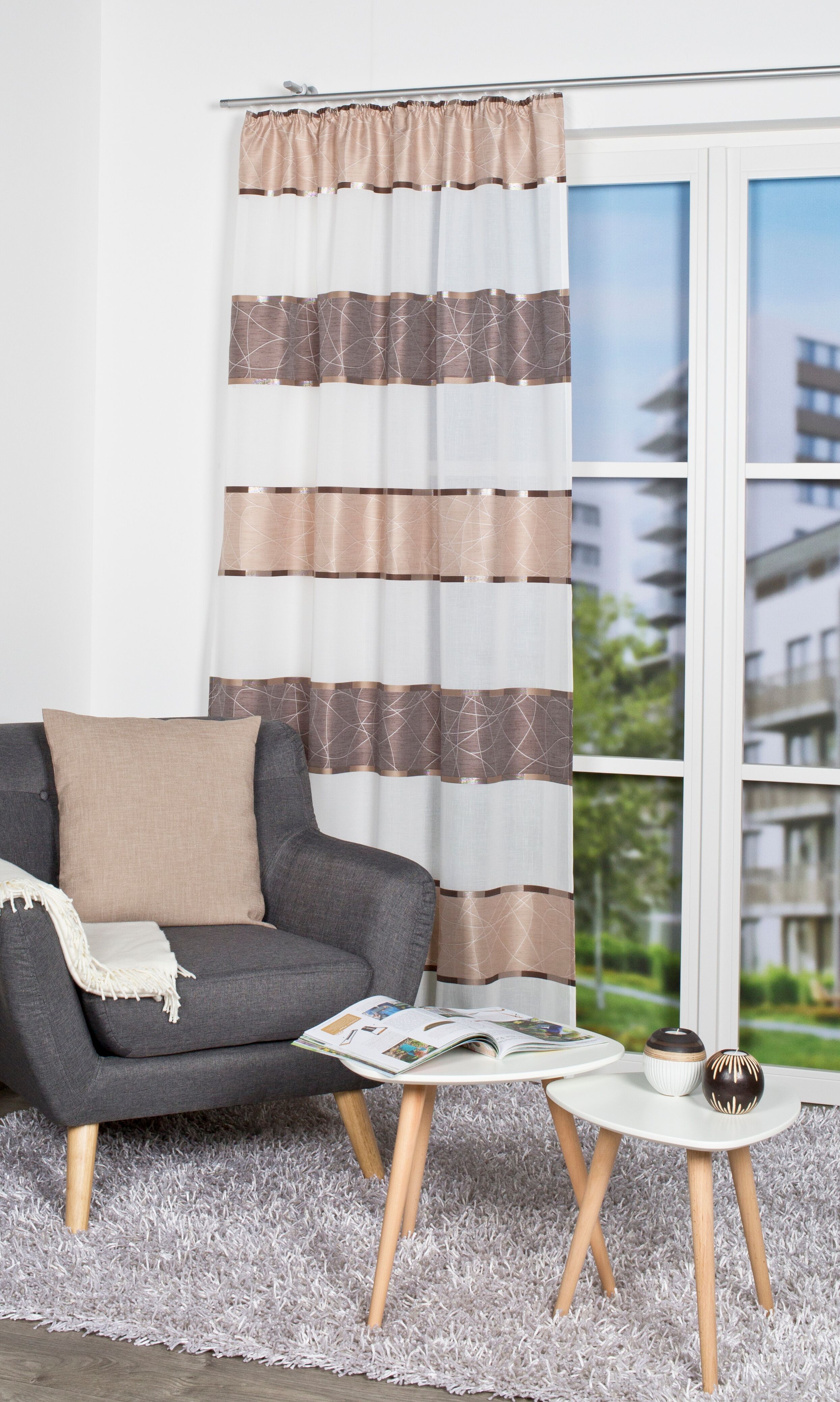 Vorhang HOME WOHNIDEEN "WALTER, 1 Stück, Kräuselband, blickdicht, Querstreifen" Gr. 4, braun (cappuccino), B:140cm H:245cm, Polyester, Gardinen, Vorhang, Kräuselbandschal WALTER Querstreifen