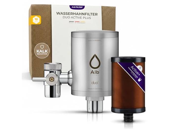 Alb Filter DUO ACTIVE PLUS Wasserfilter Wasserhahn Edelstahl Matt Gegen Schadstoffe & Kalk PLUS Keimsperre bis 0,7 µm, Trinkwasserfilter Küche mit Umschalthebel, Made in Germany