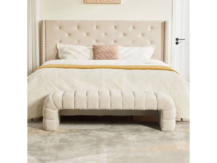 Banquette de bout de lit rembourrée en chenille beige sans accoudoirs assise rainurée 159 x 51 x 45 cm