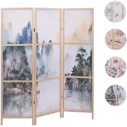 Paravent HWC-O70, Trennwand Sichtschutz Raumtrennung Naturmotive Holz MVG Polyethylen 170x137cm ~ Berge