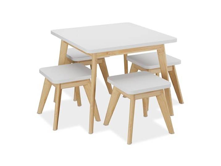 Relaxdays Kindersitzgruppe, 5-TLG., Kindertisch mit 4 Hockern, Mädchen & Jungen, Sitzecke fürs Kinderzimmer, weiß/Natur