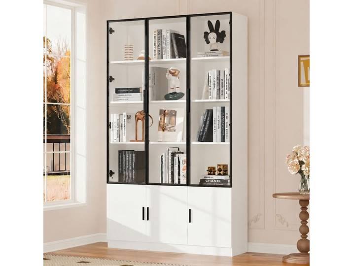 Vitrine blanche 120 cm armoire de salon avec led vitrine en verre 6 portes MDF 120x32x200cm