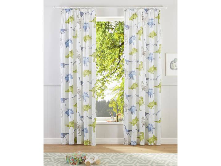 Gardine GOODPRODUCT DINO Gr. 2, beige (natur), B:135cm H:175cm, Polyester, Baumwolle, Recyceltes Material, Gardinen, Gardine, Kindergardine, einseitig mit Dinosauriern bedruckt
