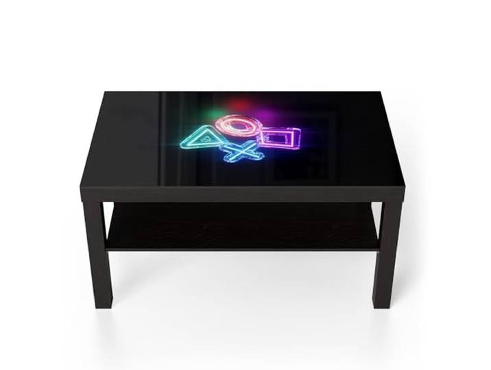 DEQORI Glastisch schwarz groß 90x50 cm Motiv Neon Gaming Symbole ausgefallener Beistelltisch aus Glas Hochglanz Couchtisch fürs Wohnzimmer moderner Couch Tisch mit Design