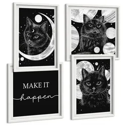 BILDER SET 4er Set - 50x50 cm & 40x60 cm Weißer Rahmen - Schwarze Katzen, Mond, Planet