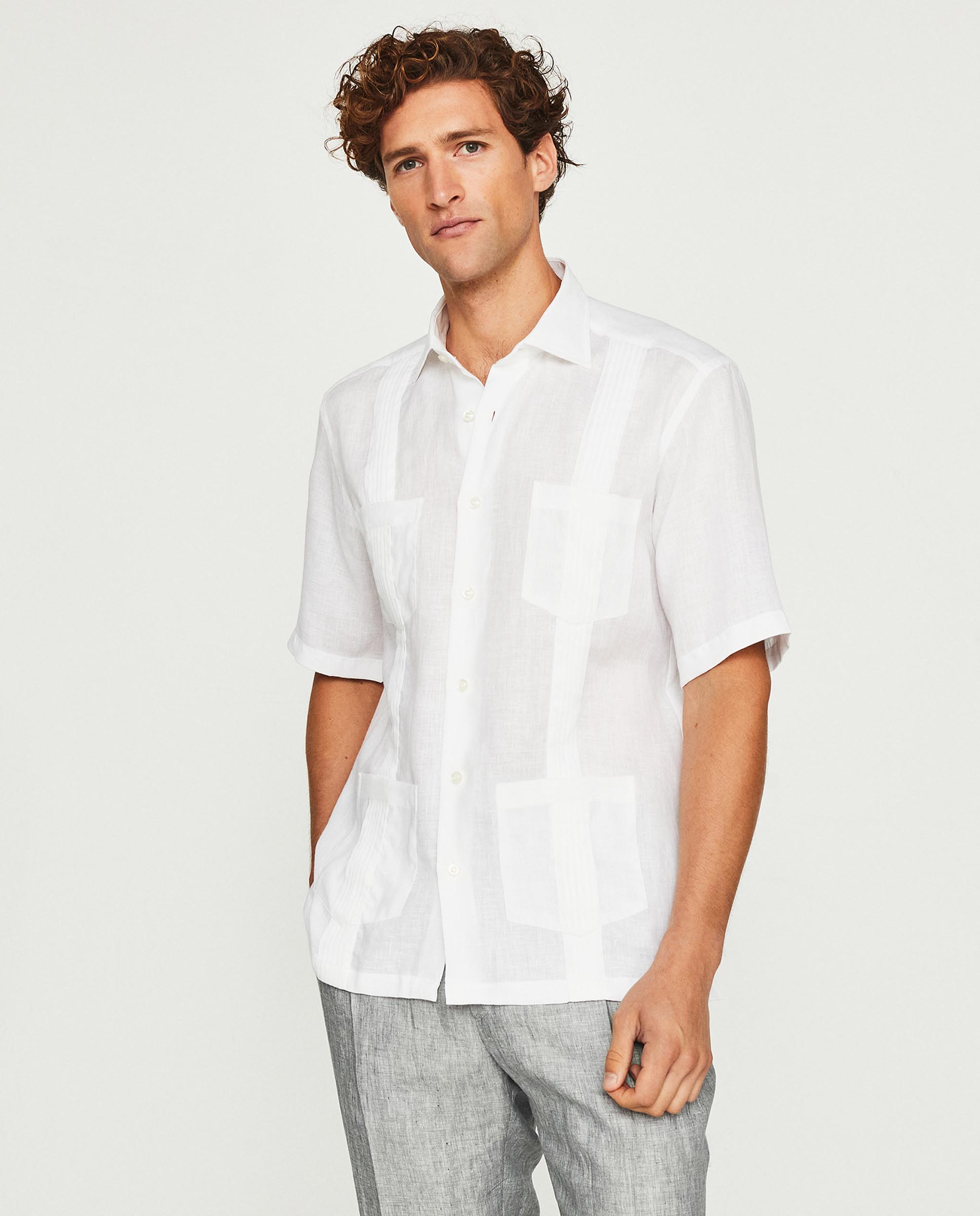 MIRTO Guayabera manga corta blanca de lino-M / 3 Hombre