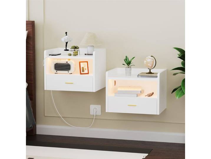 Lot de 2 Table de chevet murale flottante en bois - 1 tiroir de Rangement - Prise 1AC+2USB - Ruban LED 0.4m - 40x30x30cm - Blanc