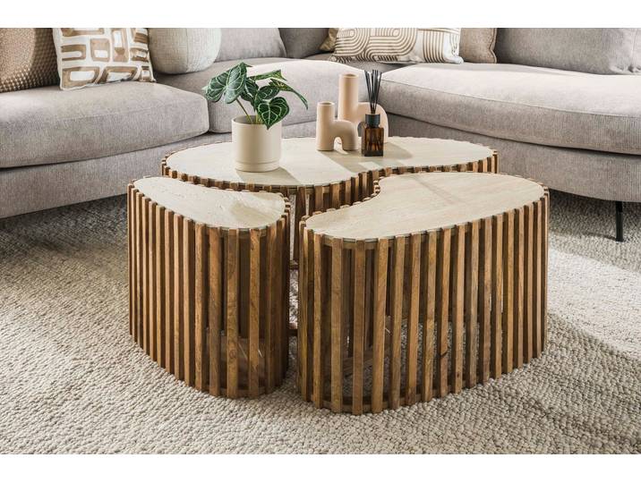 Couchtisch Savara - 3er Set aus Mangoholz mit Keramik-Tischplatte - Natur - Luxusbetten24