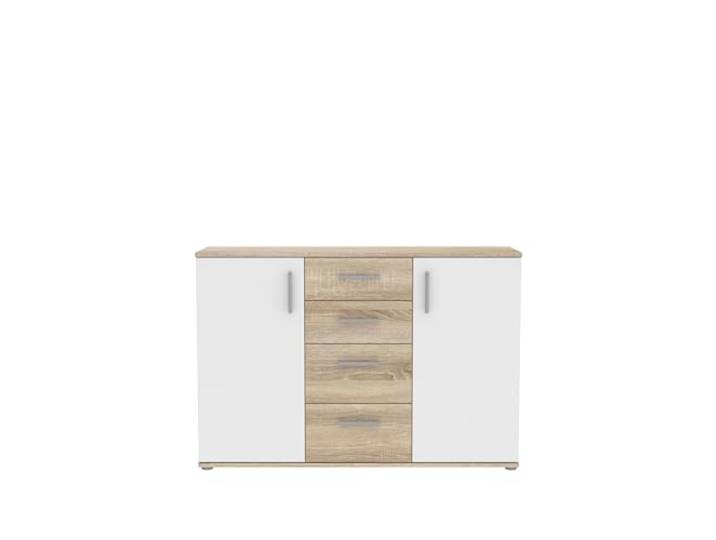 möbelando Sideboard >IKOLI< Die Kommode IKOLI in Sonoma Eiche/Weiß (119,6x81,7x31,4 cm) verfügt über 4 Schubladen, 2 Türen, 2 Einlegeböden, graue Kunststofffüße und Kantengriffe.