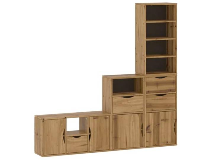 Foknhdi 4-TLG. Wohnwand ODDA aus Kiefernmassivholz mit Stauraum Modulares 4-teiliges Set aus Kiefernholz mit Schubladen und offenen Fächern für Wohnzimmer und Flur.
