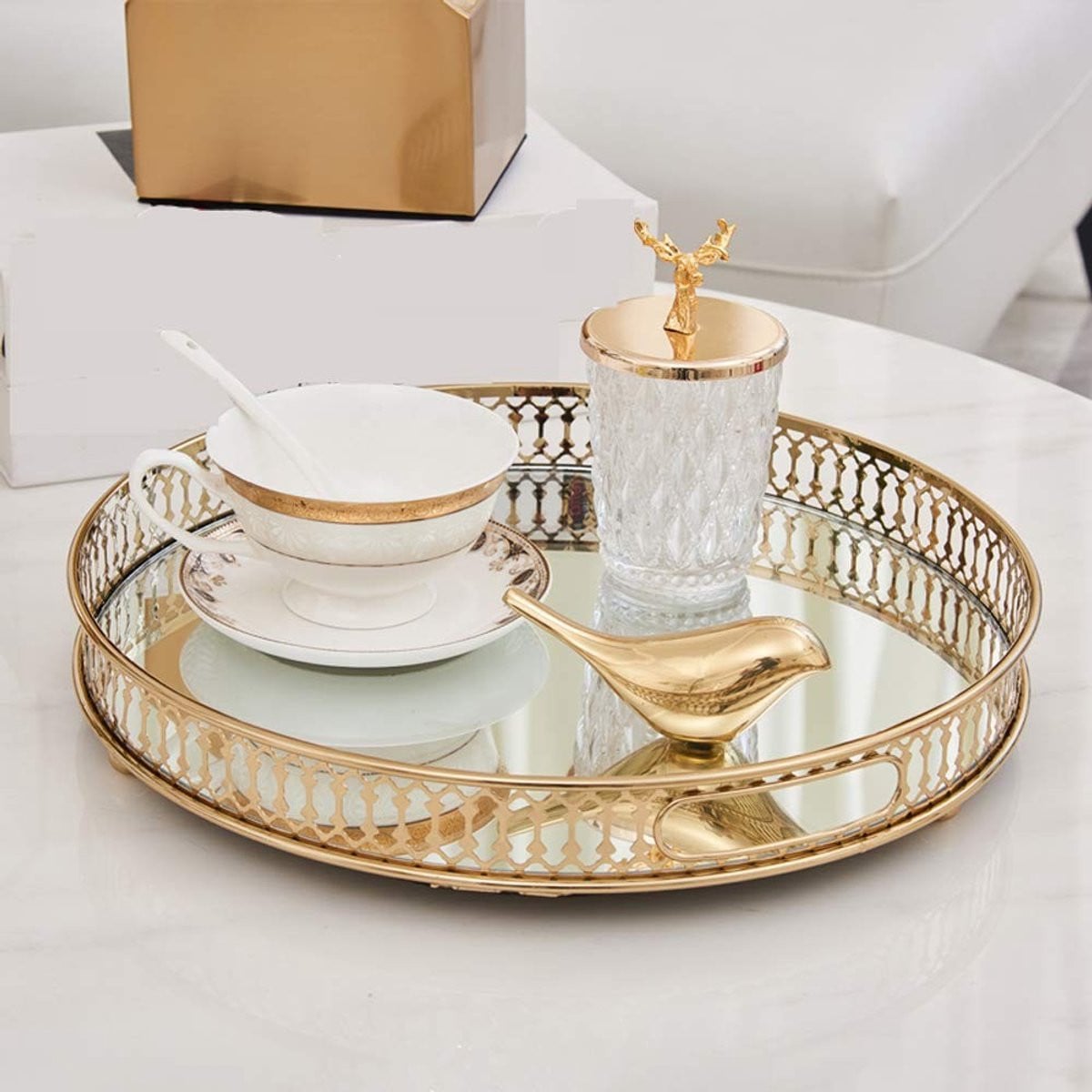 Allecto Parfumtray Goud - Decoratief Rond Spiegel Dienblad - Make-up Organizer en Sieraden Presentatie - Diameter: 32 cm