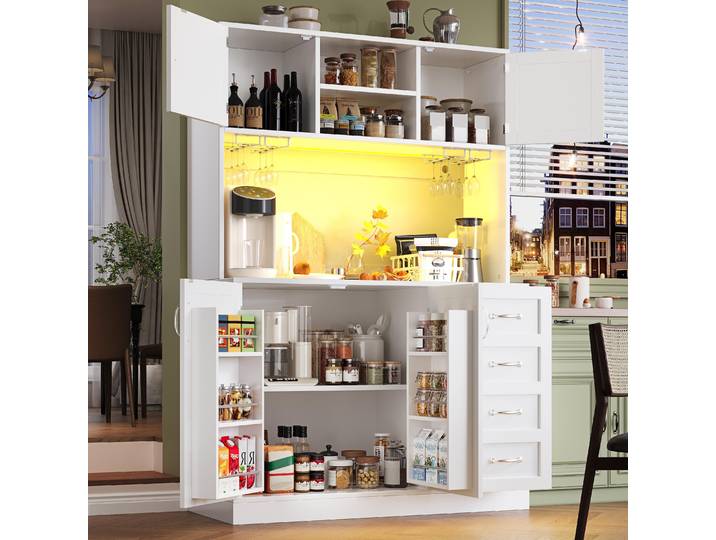 STILVORA Sideboard mit LED-Beleuchtung und Snackregal,Buffetschrank mit Getränkehaltern,Aufbewahrungsschrank mit 4 Türen und 2 Schubladen, Küchenschrank Weiß