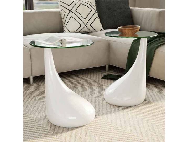 Table basse-Table de salon et dessus de table Verre rond Blanc brillant 2 pcs