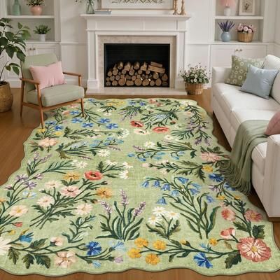 BLUEBELL Floral Scalloped Machine Washable Area Rug, Non Slip Faux Wool Botanical Carpet