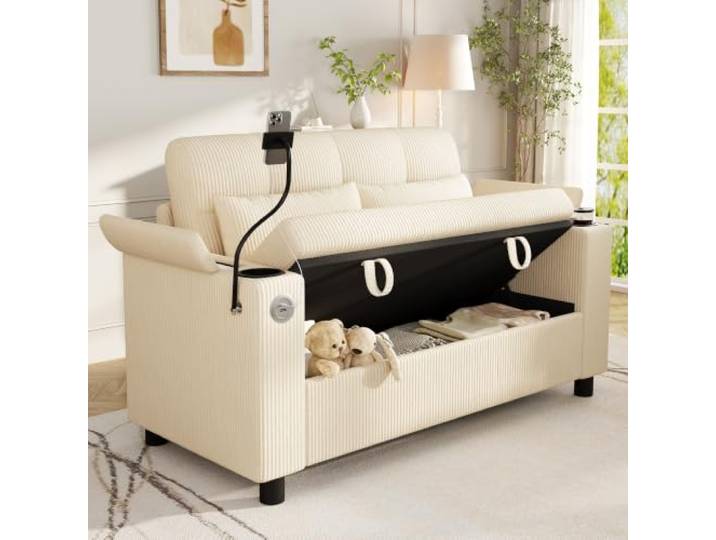 Merax 2-Sitzer Sofa mit verstecktem Stauraum, Kleines Cordsofa mit Handyhalter, Armlehnen-Stauraum, USB Typ-C, Federkern, Knopfheftung, Getränkehalter, 136,5x79,5x83,6 cm, Beige