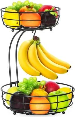 Uplift Essentials 2 Tier Countertop Fruit Basket Bowl With Integrated Banana Hanger Stand silver