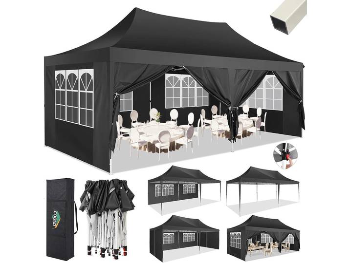 Faltpavillon 3x6m Wasserdicht Stabil mit 6 Seitenteilen UV-Schutz Schwarz