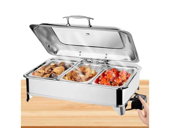 BOVDC Chafing Dish Elektrisch 9L, Edelstahl (A, 1/3 Pan) Elektrische Warmhaltebehälter Einstellbare Temperatur, Rechteckiger Chafing Dish Set Speisenwärmer mit Sichtbarem Glasdeckel